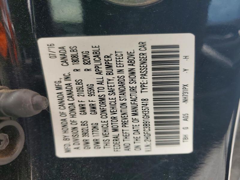 Продаж на аукціоні авто 2016 Honda Civic, vin: 2HGFC3B91GH357418, номер лоту: 59659756