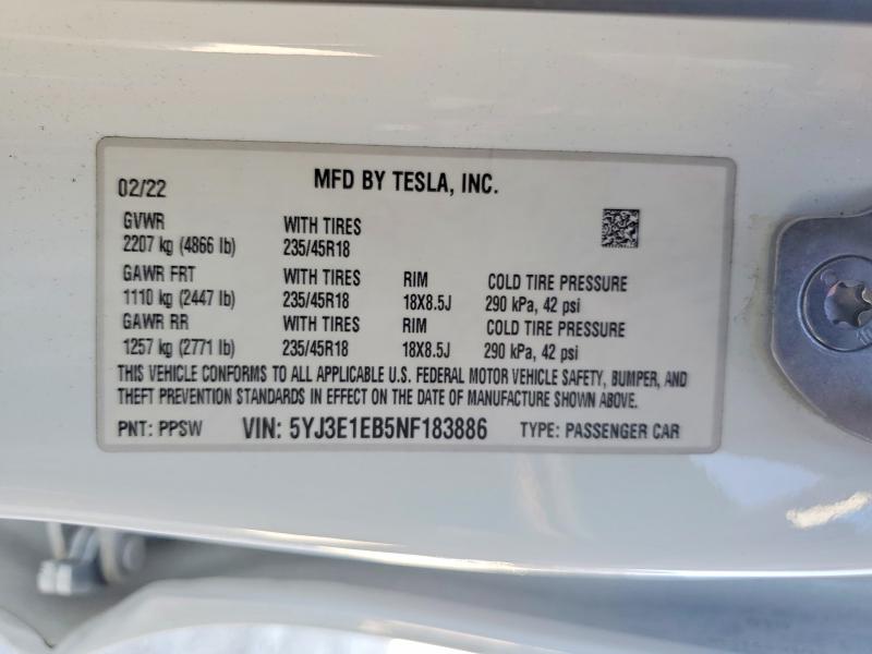Aukcja sprzedaży 2022 Tesla Model 3, vin: 5YJ3E1EB5NF183886, numer aukcji: 62710996