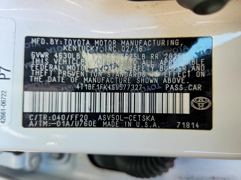 Aukcja sprzedaży 2016 Toyota Camry, vin: 4T1BF1FK4GU577327, numer aukcji: 60698426