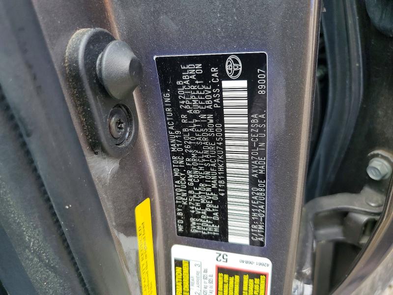 59659426 :رقم المزاد ، 4T1B11HK7KU745000 vin ، 2019 Toyota Camry مزاد بيع