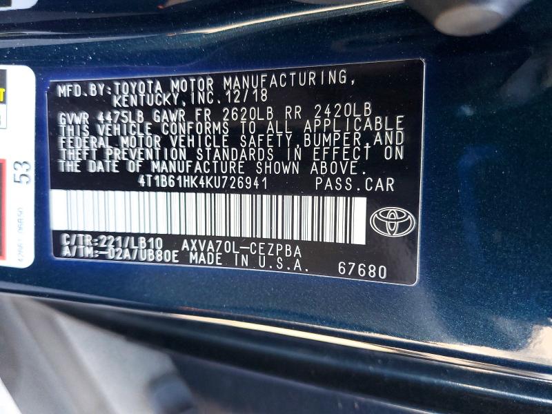 Aukcja sprzedaży 2019 Toyota Camry, vin: 4T1B61HK4KU726941, numer aukcji: 59160996