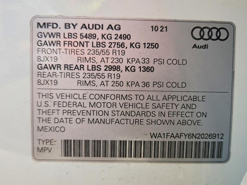 59873416 :رقم المزاد ، WA1FAAFY6N2026912 vin ، 2022 Audi Q5 مزاد بيع
