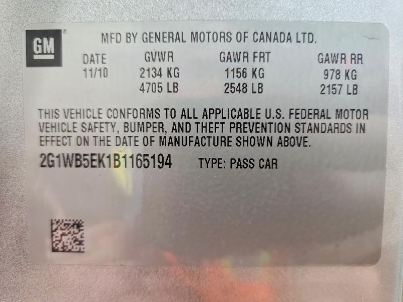 60641086 :رقم المزاد ، 2G1WB5EK1B1165194 vin ، 2011 Chevrolet Impala مزاد بيع