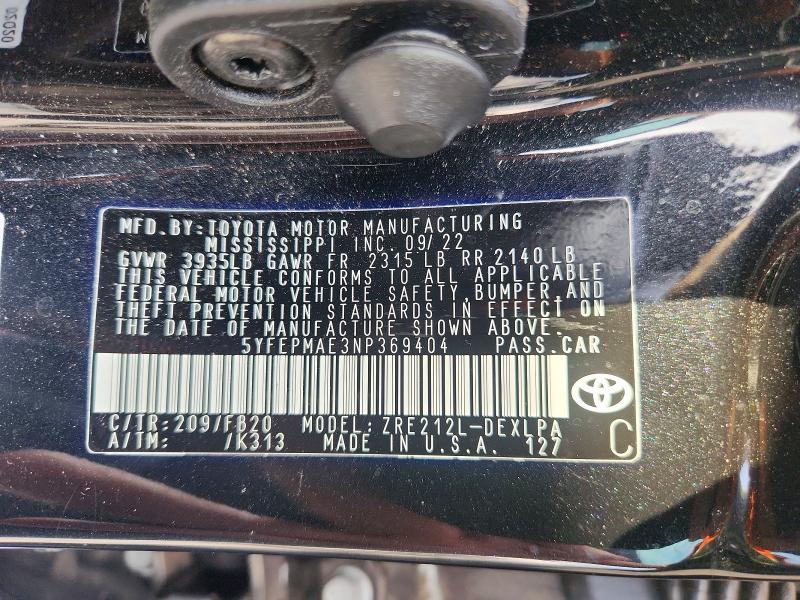 Aukcja sprzedaży 2022 Toyota Corolla, vin: 5YFEPMAE3NP369404, numer aukcji: 62463716