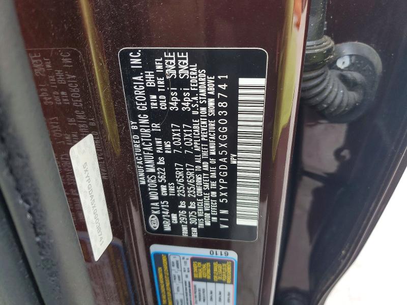 62269396 :رقم المزاد ، 5XYPGDA5XGG038741 vin ، 2016 Kia Sorento مزاد بيع