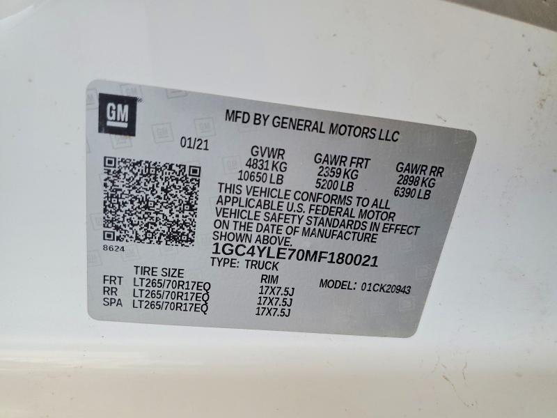 2021 Chevrolet Silverado მანქანა იყიდება აუქციონზე, vin: 1GC4YLE70MF180021, აუქციონის ნომერი: 62076536