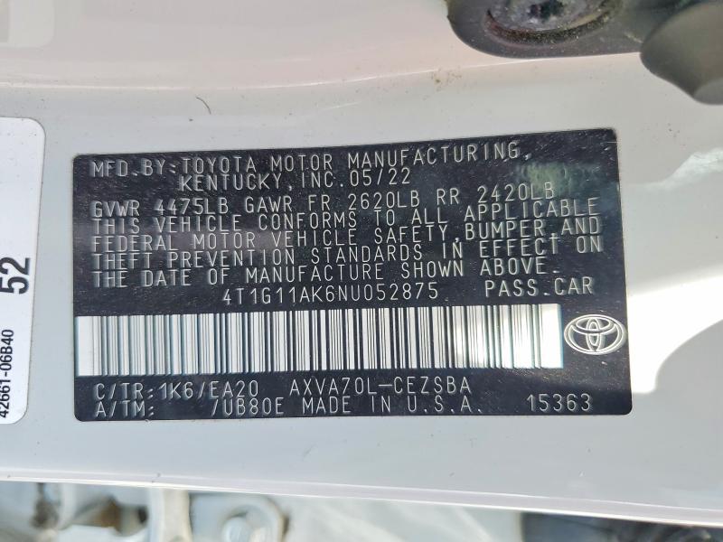 Auction sale of the 2022 Toyota Camry, vin: 4T1G11AK6NU052875, lot number: 61139496