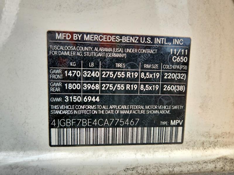 Aukcja sprzedaży 2012 Mercedes-benz Gl, vin: 4JGBF7BE4CA775467, numer aukcji: 60921176