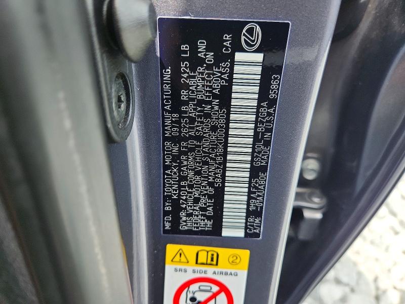 2019 Lexus Es მანქანა იყიდება აუქციონზე, vin: 58ABZ1B18KU003805, აუქციონის ნომერი: 59898256