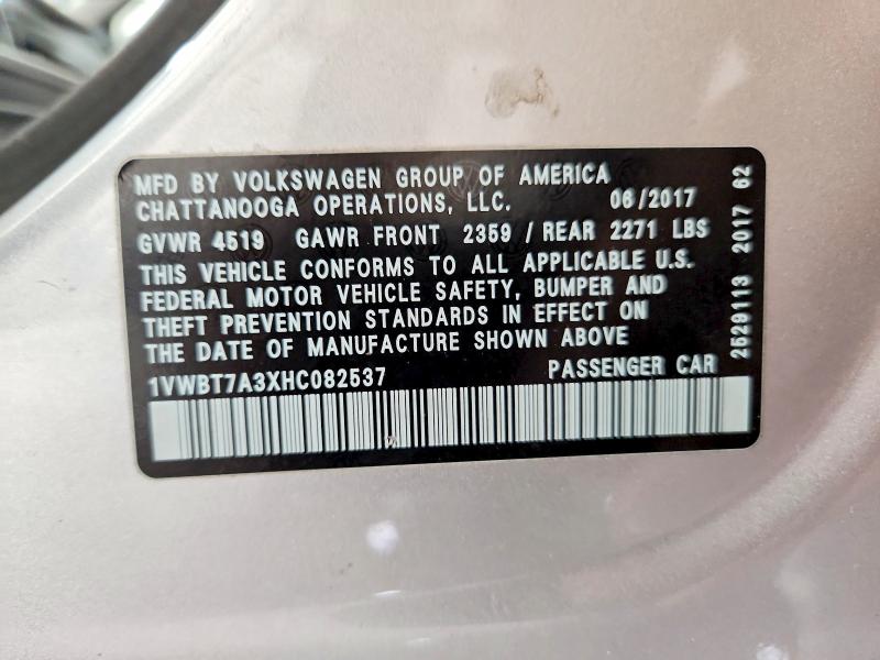 Продаж на аукціоні авто 2017 Volkswagen Passat, vin: 1VWBT7A3XHC082537, номер лоту: 63017296