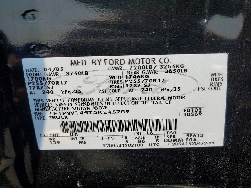 2005 Ford F150 მანქანა იყიდება აუქციონზე, vin: 1FTPW14575KE45789, აუქციონის ნომერი: 61633466