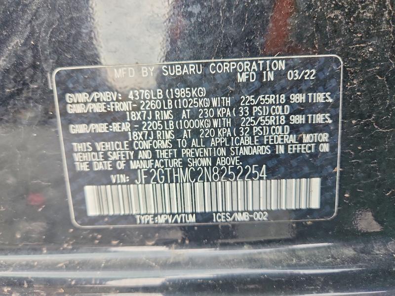 62154326 :رقم المزاد ، JF2GTHMC2N8252254 vin ، 2022 Subaru Crosstrek مزاد بيع