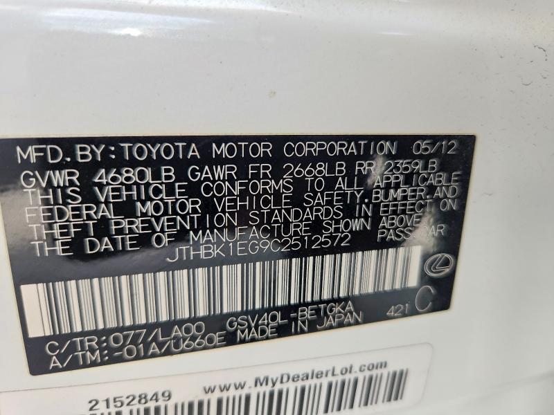 60756706 :رقم المزاد ، JTHBK1EG9C2512572 vin ، 2012 Lexus Es مزاد بيع