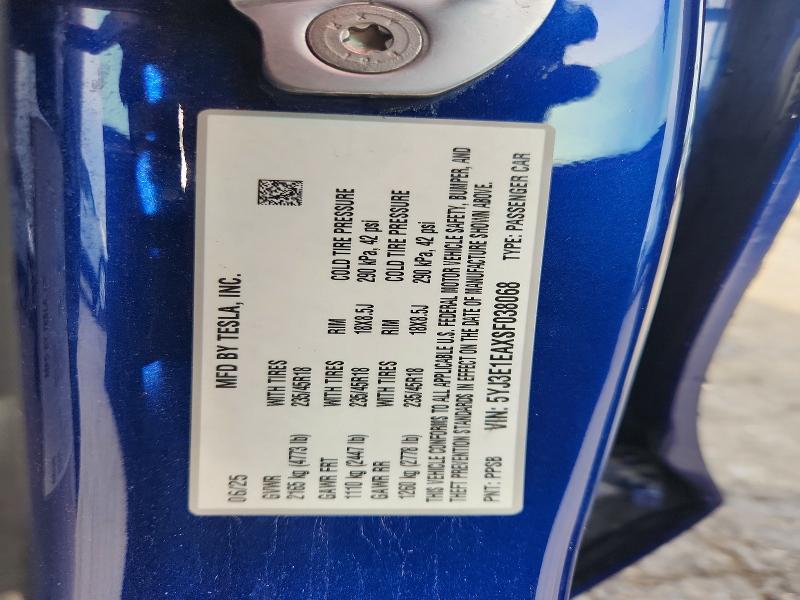 2025 Tesla Model 3 მანქანა იყიდება აუქციონზე, vin: 5YJ3E1EAXSF038068, აუქციონის ნომერი: 61477406