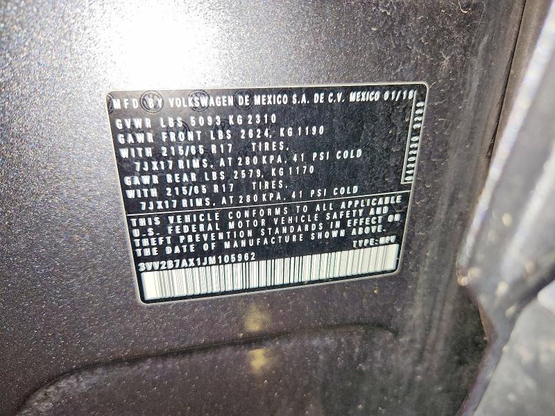 2018 Volkswagen Tiguan მანქანა იყიდება აუქციონზე, vin: 3VV2B7AX1JM105962, აუქციონის ნომერი: 61350116