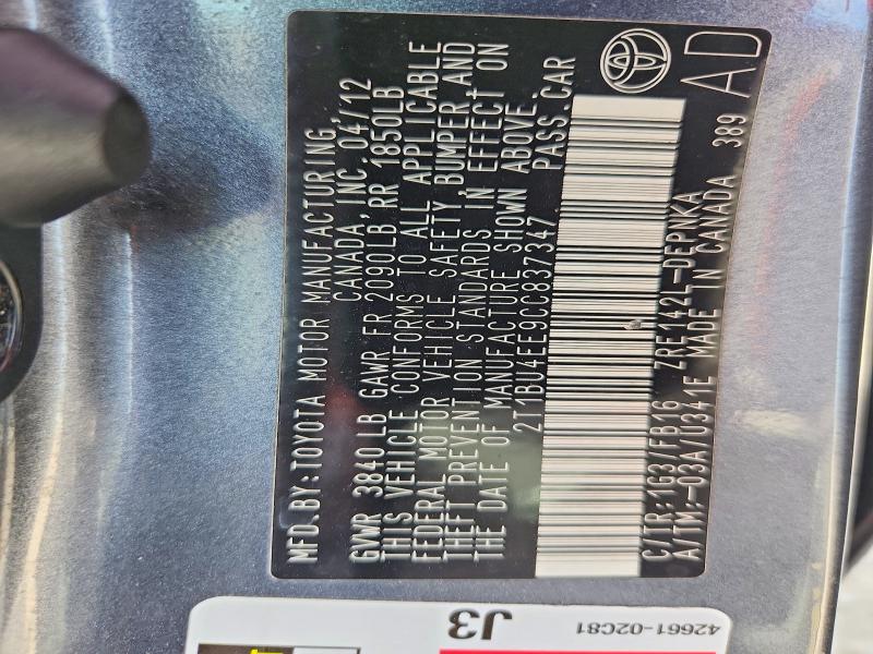 62213586 :رقم المزاد ، 2T1BU4EE9CC837347 vin ، 2012 Toyota Corolla مزاد بيع