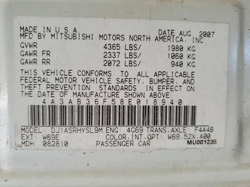 Aukcja sprzedaży 2008 Mitsubishi Galant, vin: 4A3AB36F58E018940, numer aukcji: 60307726