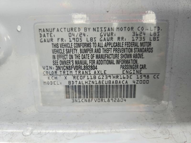 2024 Nissan Versa მანქანა იყიდება აუქციონზე, vin: 3N1CN8FV0RL892804, აუქციონის ნომერი: 62681806