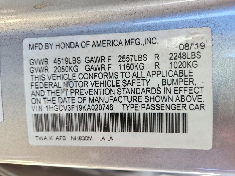 63245926 :رقم المزاد ، 1HGCV3F19KA020746 vin ، 2019 Honda Accord مزاد بيع