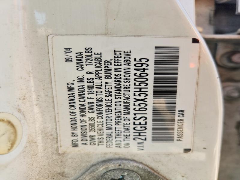 Aukcja sprzedaży 2005 Honda Civic, vin: 2HGES165X5H506495, numer aukcji: 59610516
