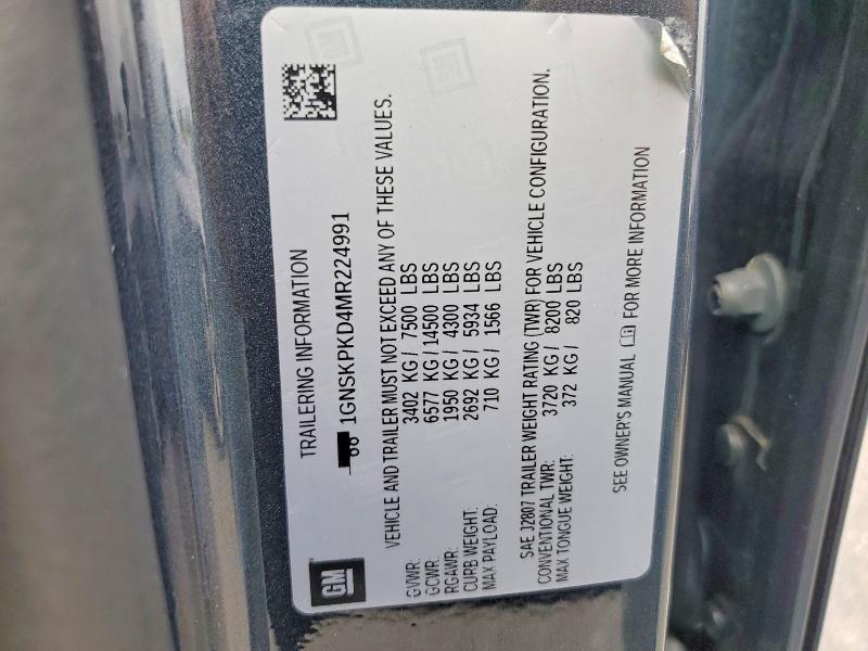 60984876 :رقم المزاد ، 1GNSKPKD4MR224991 vin ، 2021 Chevrolet Tahoe مزاد بيع