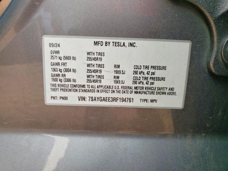 2024 Tesla Model Y მანქანა იყიდება აუქციონზე, vin: 7SAYGAEE3RF194761, აუქციონის ნომერი: 61022096