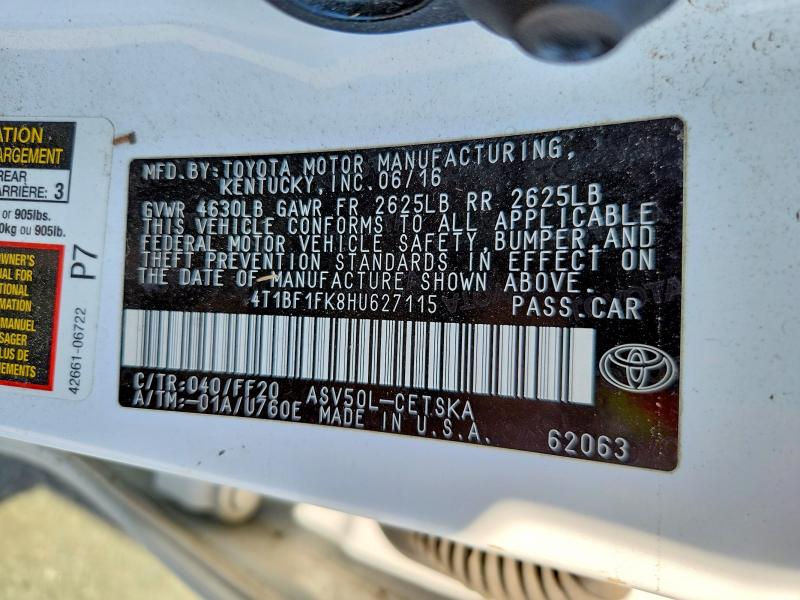 62440266 :رقم المزاد ، 4T1BF1FK8HU627115 vin ، 2017 Toyota Camry مزاد بيع