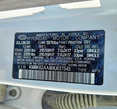 Продаж на аукціоні авто 2021 Hyundai Kona, vin: KM8K62AA8MU637545, номер лоту: 62747926