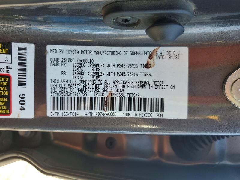 Aukcja sprzedaży 2021 Toyota Tacoma, vin: 3TYAX5GN2MT014729, numer aukcji: 61621996