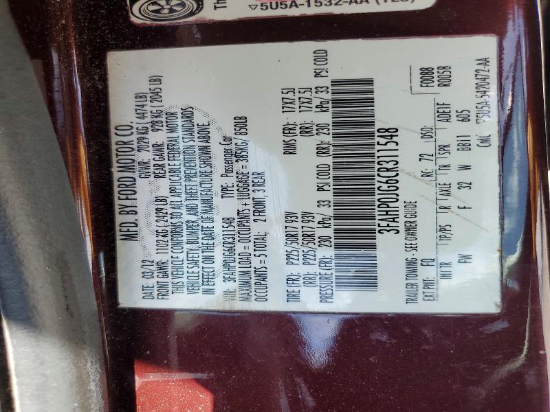61515246 :رقم المزاد ، 3FAHP0JG6CR311548 vin ، 2012 Ford Fusion مزاد بيع