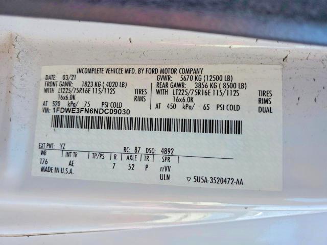 62889536 :رقم المزاد ، 1FDWE3FN6NDC09030 vin ، 2022 Ford Econoline مزاد بيع