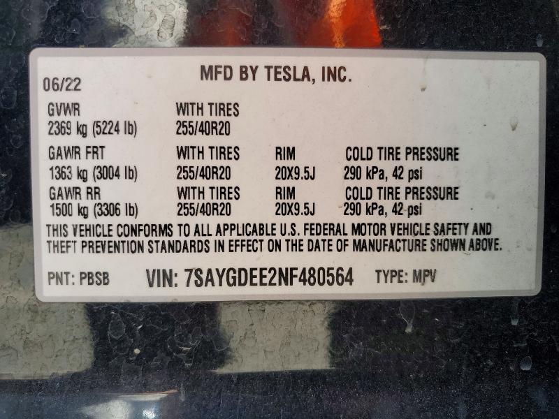 Aukcja sprzedaży 2022 Tesla Model Y, vin: 7SAYGDEE2NF480564, numer aukcji: 62285716