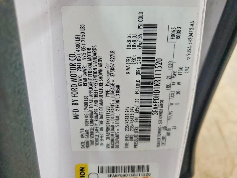 2019 Ford Fusion მანქანა იყიდება აუქციონზე, vin: 3FA6P0HD1KR111520, აუქციონის ნომერი: 60662796