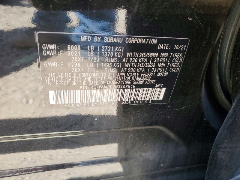 58969136 :رقم المزاد ، 4S4WMAPD2N3403816 vin ، 2022 Subaru Ascent مزاد بيع