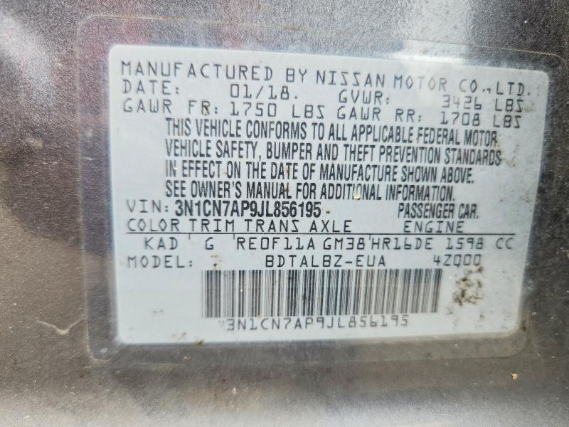 2018 Nissan Versa მანქანა იყიდება აუქციონზე, vin: 3N1CN7AP9JL856195, აუქციონის ნომერი: 59799196