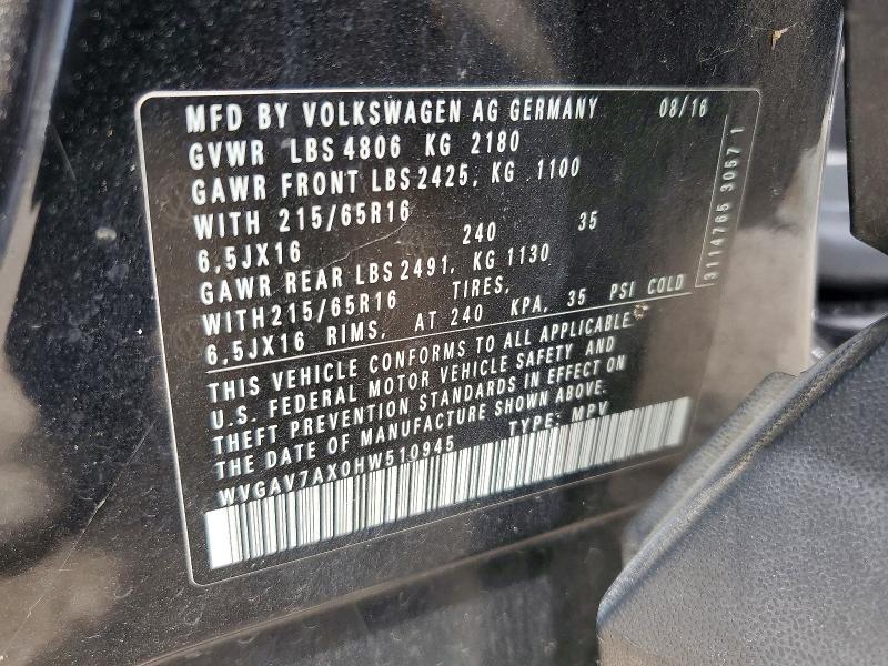 54546226 :رقم المزاد ، WVGAV7AX0HW510945 vin ، 2017 Volkswagen Tiguan مزاد بيع