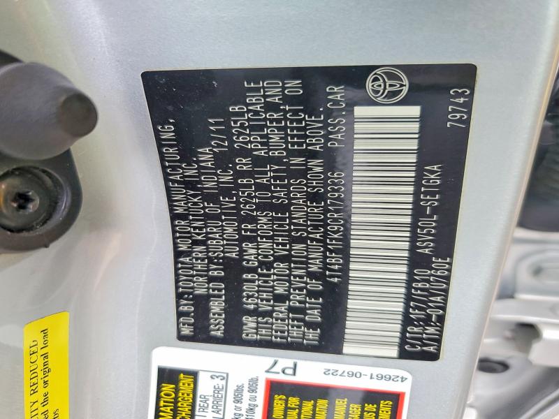 Aukcja sprzedaży 2012 Toyota Camry, vin: 4T4BF1FK9CR179336, numer aukcji: 62247506