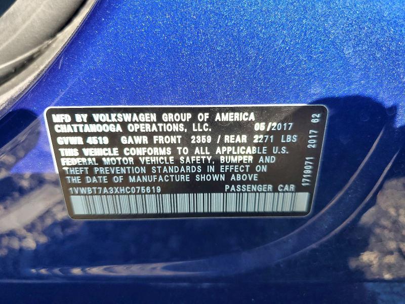 Продаж на аукціоні авто 2017 Volkswagen Passat, vin: 1VWBT7A3XHC075619, номер лоту: 62237006