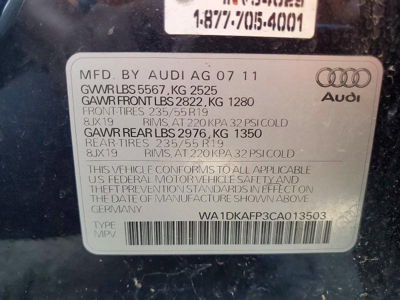 2012 Audi Q5 მანქანა იყიდება აუქციონზე, vin: WA1DKAFP3CA013503, აუქციონის ნომერი: 62631726
