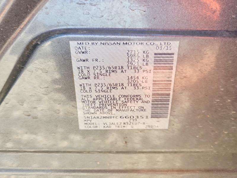 62540796 :رقم المزاد ، 5N1AR2MN8FC660351 vin ، 2015 Nissan Pathfinder مزاد بيع
