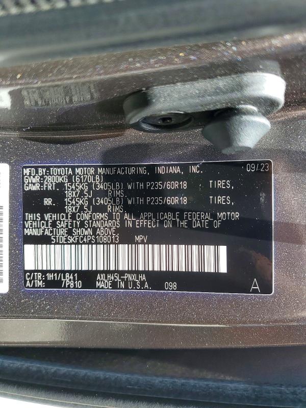 Aukcja sprzedaży 2023 Toyota Sienna, vin: 5TDESKFC4PS108013, numer aukcji: 61370206