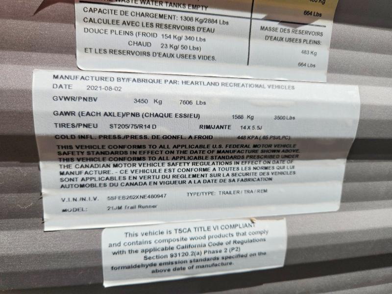 Продаж на аукціоні авто 2022 Heartland Trail Runner, vin: 5SFEB262XNE480947, номер лоту: 59673306