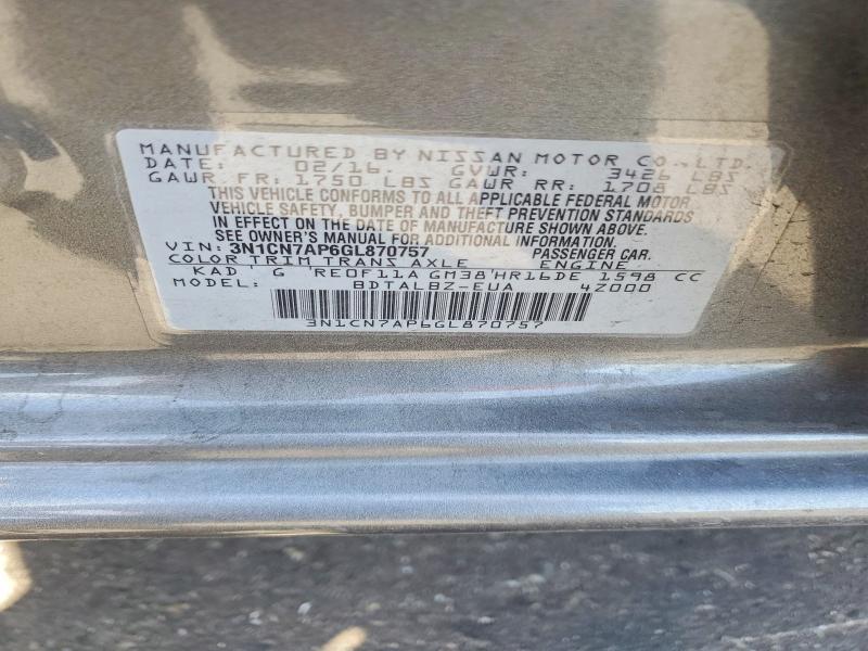 Продажа на аукционе авто 2016 Nissan Versa, vin: 3N1CN7AP6GL870757, номер лота: 61983696