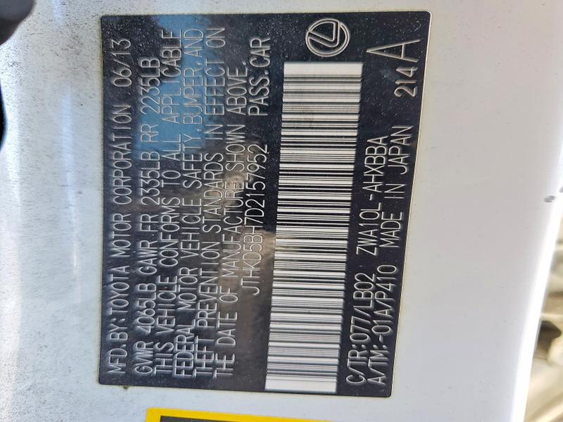 62437256 :رقم المزاد ، JTHKD5BH7D2157952 vin ، 2013 Lexus Ct مزاد بيع