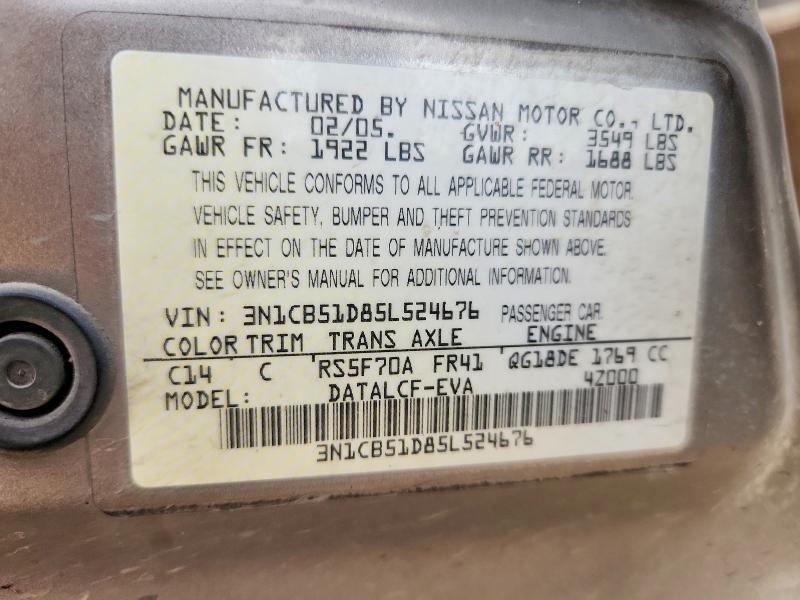 Продаж на аукціоні авто 2005 Nissan Sentra, vin: 3N1CB51D85L524676, номер лоту: 62599526