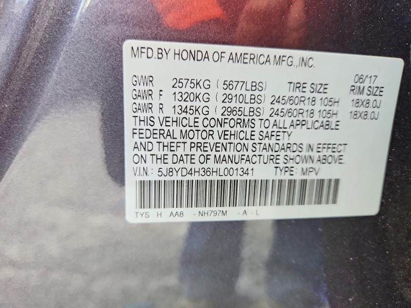 61859756 :رقم المزاد ، 5J8YD4H36HL001341 vin ، 2017 Acura Mdx مزاد بيع