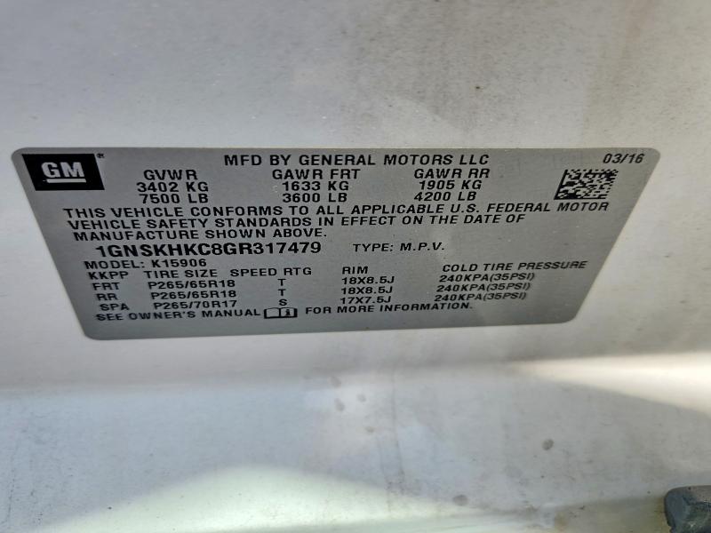60735936 :رقم المزاد ، 1GNSKHKC8GR317479 vin ، 2016 Chevrolet Suburban مزاد بيع