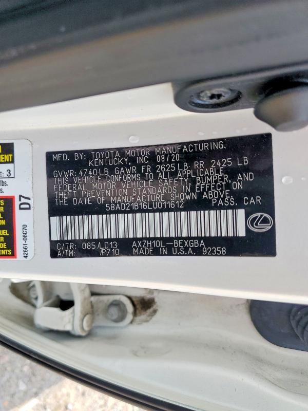 Aukcja sprzedaży 2020 Lexus Es, vin: 58AD21B16LU011612, numer aukcji: 62001866