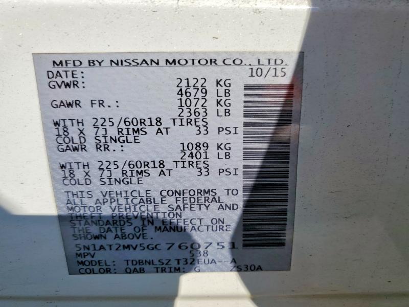 2016 Nissan Rogue მანქანა იყიდება აუქციონზე, vin: 5N1AT2MV5GC760751, აუქციონის ნომერი: 58778956