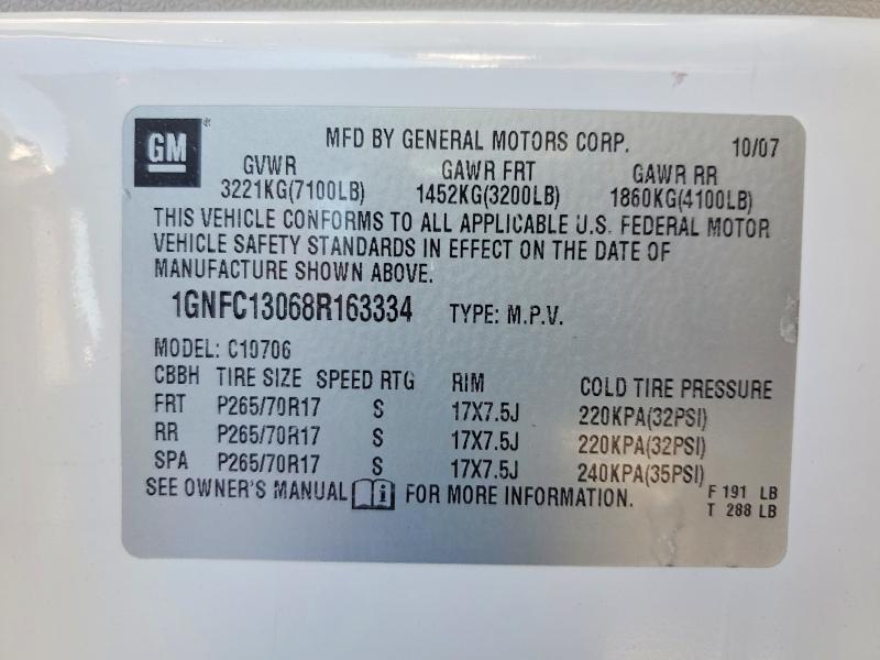2008 Chevrolet Tahoe მანქანა იყიდება აუქციონზე, vin: 1GNFC13068R163334, აუქციონის ნომერი: 60186806